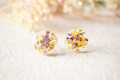 Real Dried Flowers and Resin Circle Stud Earrings in Purple, Yellow and Gold Flakes