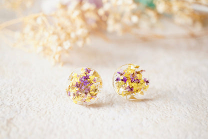 Real Dried Flowers and Resin Circle Stud Earrings in Purple, Yellow and Gold Flakes