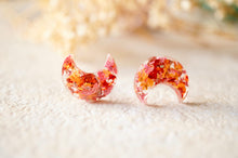 Real Pressed Flowers and Resin Celestial Moon Stud Earrings in Orange and Red