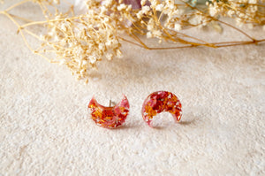 Real Pressed Flowers and Resin Celestial Moon Stud Earrings in Orange and Red