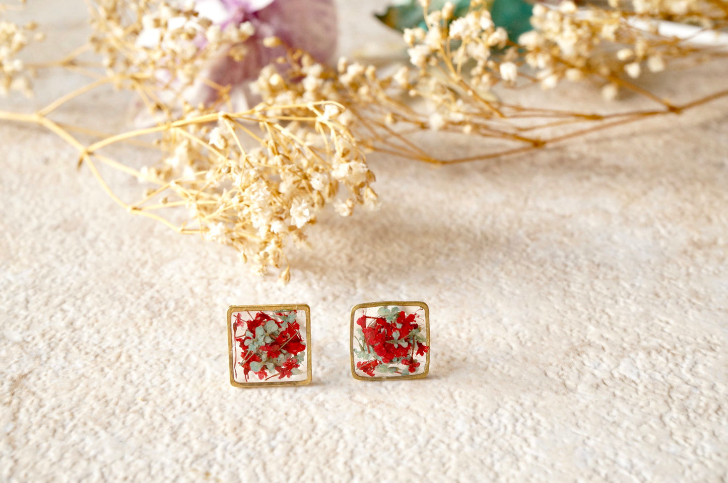 Real Dried Flowers and Resin Square Stud Earrings in Red and Mint