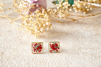 Real Dried Flowers and Resin Square Stud Earrings in Red and Mint