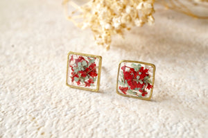 Real Dried Flowers and Resin Square Stud Earrings in Red and Mint