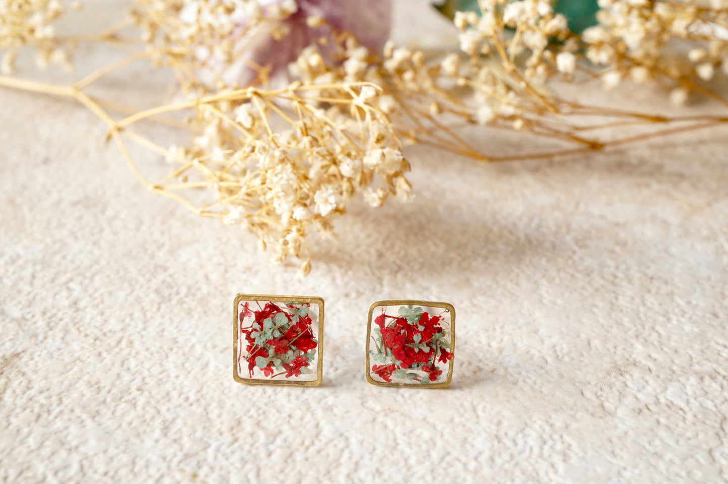 Real Dried Flowers and Resin Square Stud Earrings in Red and Mint