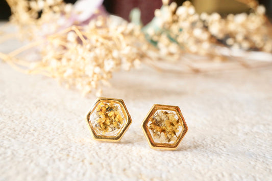 Real Dried Flowers and Resin Hexagon Gold Stud Earrings in Yellow and White