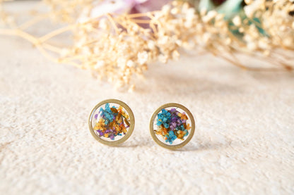 Real Dried Flowers and Resin Circle Stud Earrings in Purple Orange Blue