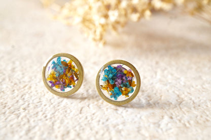 Real Dried Flowers and Resin Circle Stud Earrings in Purple Orange Blue