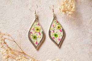 Real Dried Flowers and Resin Earrings in Green White Pink