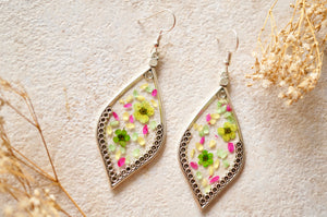 Real Dried Flowers and Resin Earrings in Green White Pink