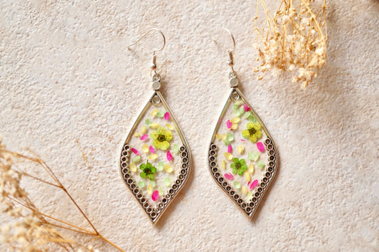 Real Dried Flowers and Resin Earrings in Green White Pink