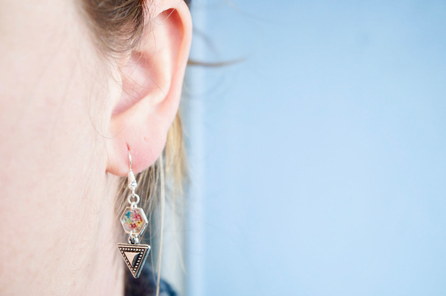 Real Dried Flowers and Resin Earrings in Silver and Party Mix with Tribal Boho Arrowhead