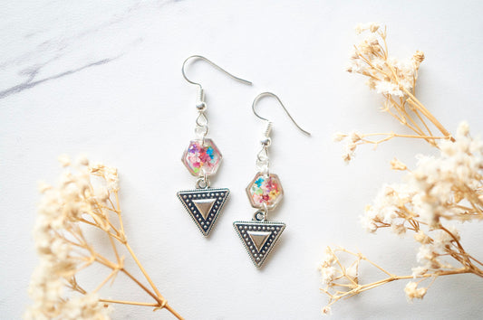 Real Dried Flowers and Resin Earrings in Silver and Party Mix with Tribal Boho Arrowhead