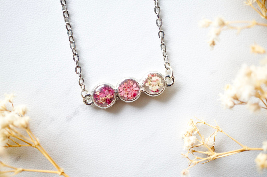 Real Dried Flowers and Resin Necklace Ombre Pink White Bar