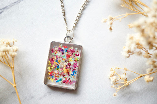 Real Dried Flowers in Resin Necklace, Silver Square in Party Mix