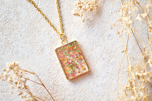 Real Dried Flowers in Resin Necklace, Gold Rectangle in Pink Green Orange Mix