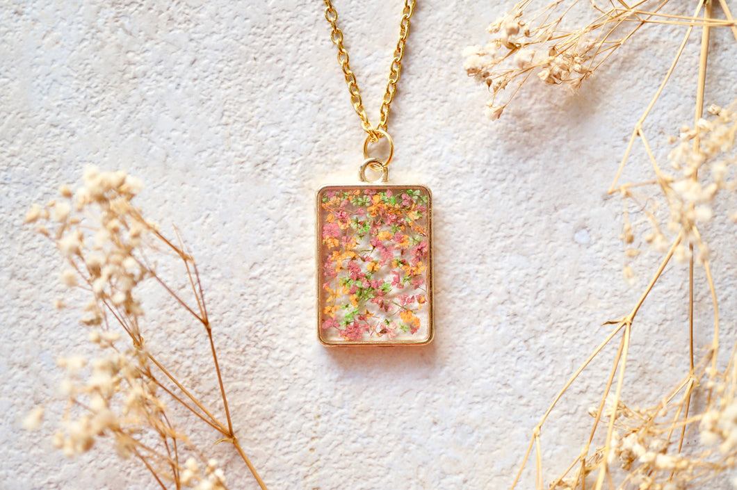 Real Dried Flowers in Resin Necklace, Gold Rectangle in Pink Green Orange Mix