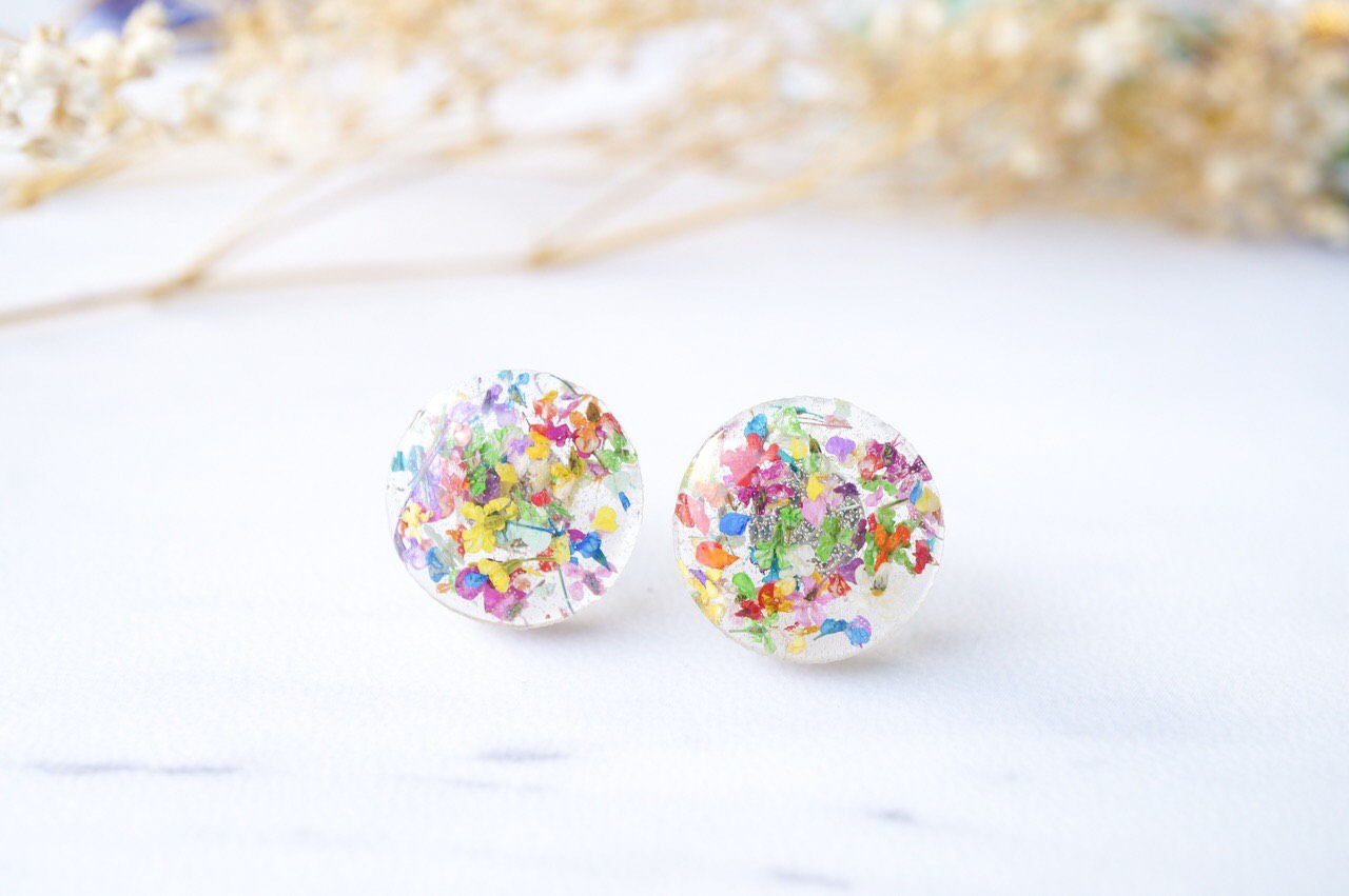 Real Dried Flowers and Resin Circle Stud Earrings in Party Mix