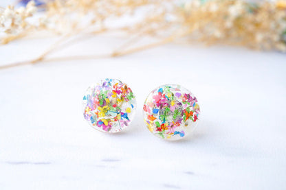 Real Dried Flowers and Resin Circle Stud Earrings in Party Mix