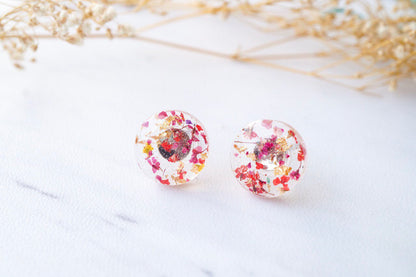 Real Dried Flowers and Resin Circle Stud Earrings in Red Pink and Gold Flakes