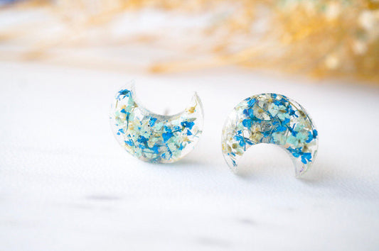 Real Dried Flowers and Resin Moon Stud Earrings in Mint Blue White