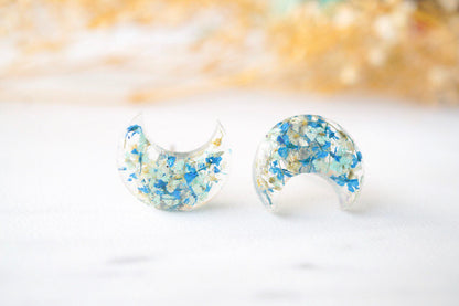 Real Dried Flowers and Resin Moon Stud Earrings in Mint Blue White