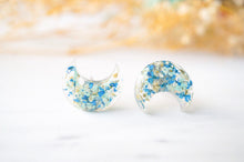 Real Dried Flowers and Resin Moon Stud Earrings in Mint Blue White