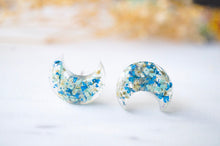 Real Dried Flowers and Resin Moon Stud Earrings in Mint Blue White