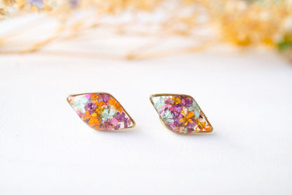 Real Dried Flowers and Resin Diamond Stud Earrings in Purple Pink Orange Mint