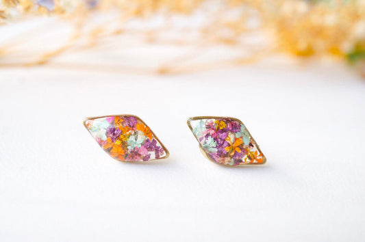 Real Dried Flowers and Resin Diamond Stud Earrings in Purple Pink Orange Mint