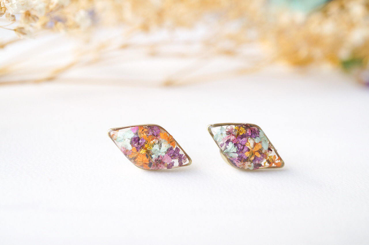 Real Dried Flowers and Resin Diamond Stud Earrings in Purple Pink Orange Mint