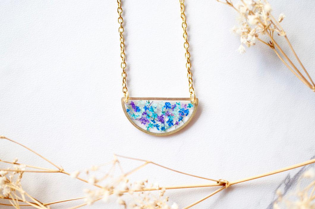 Real Dried Flowers in Resin Necklace, Half Circle in Purple, Mint, Blue, Teal