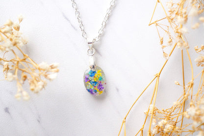 Real Dried Flowers in Oval Resin Necklace in Blue Mint Yellow Purple