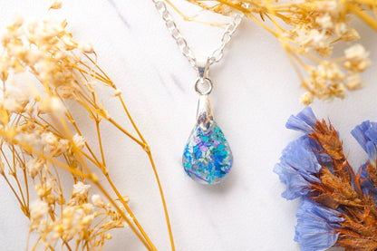 Real Dried Flowers in Teardrop Resin Necklace in Blue Mint Teal Purple