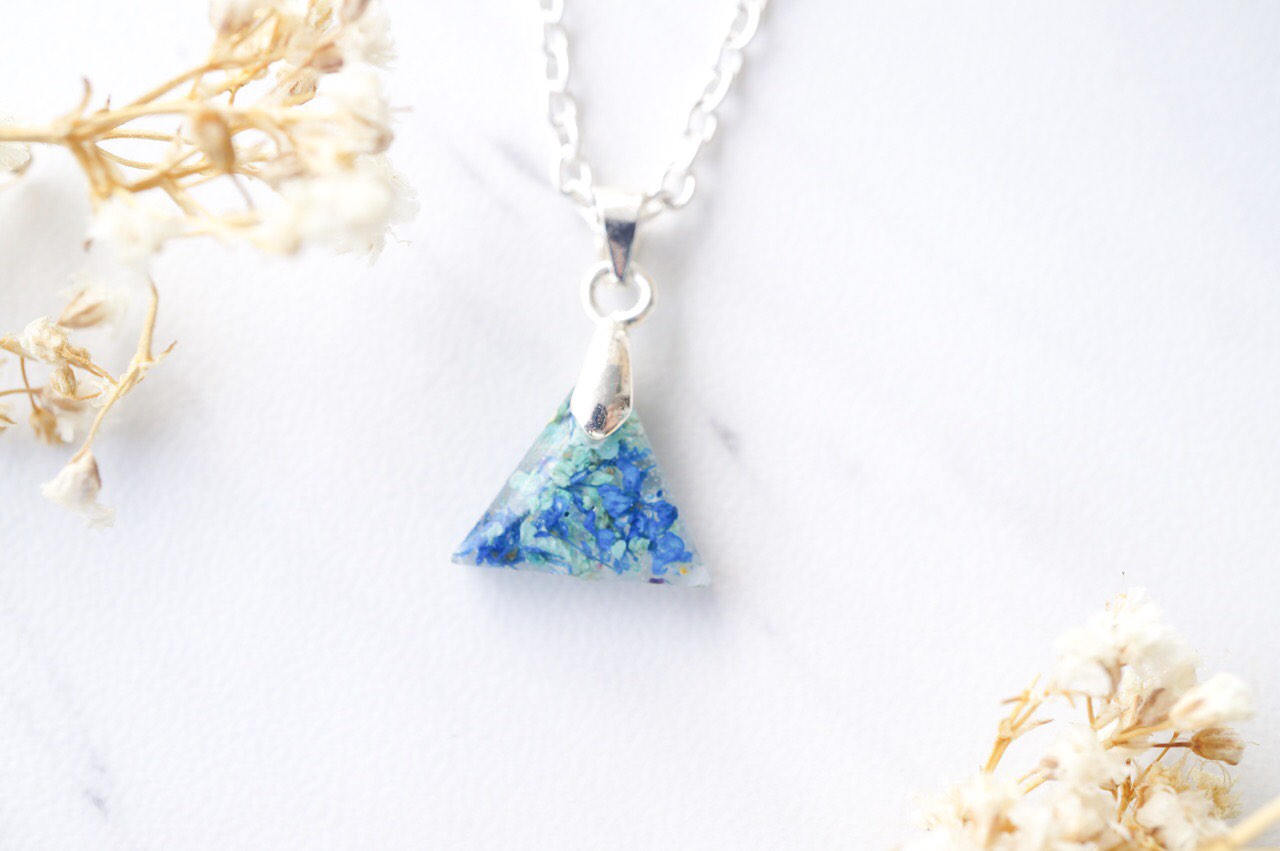 Real Dried Flowers in Triangle Resin Necklace in Blue Mint