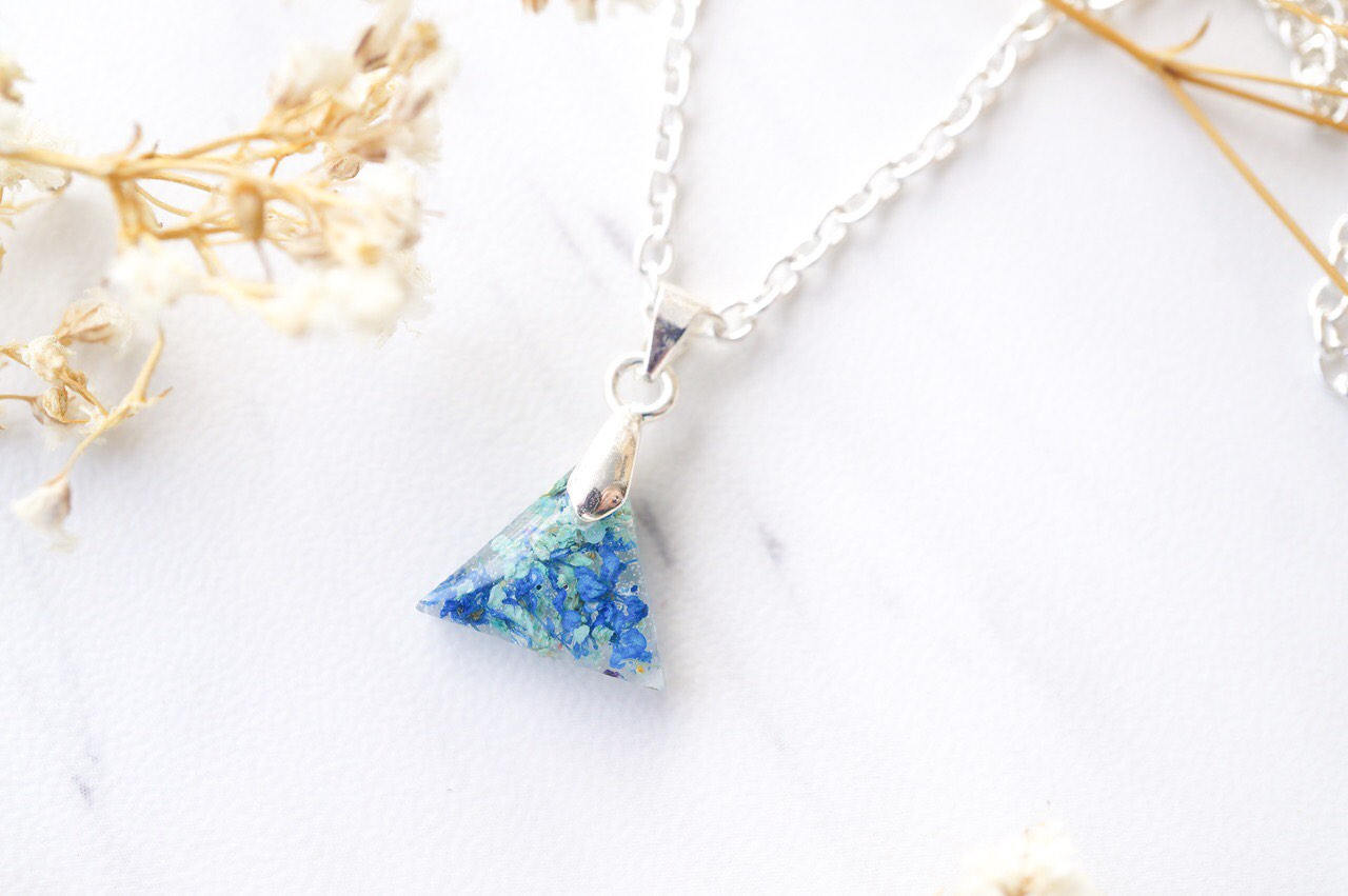 Real Dried Flowers in Triangle Resin Necklace in Blue Mint