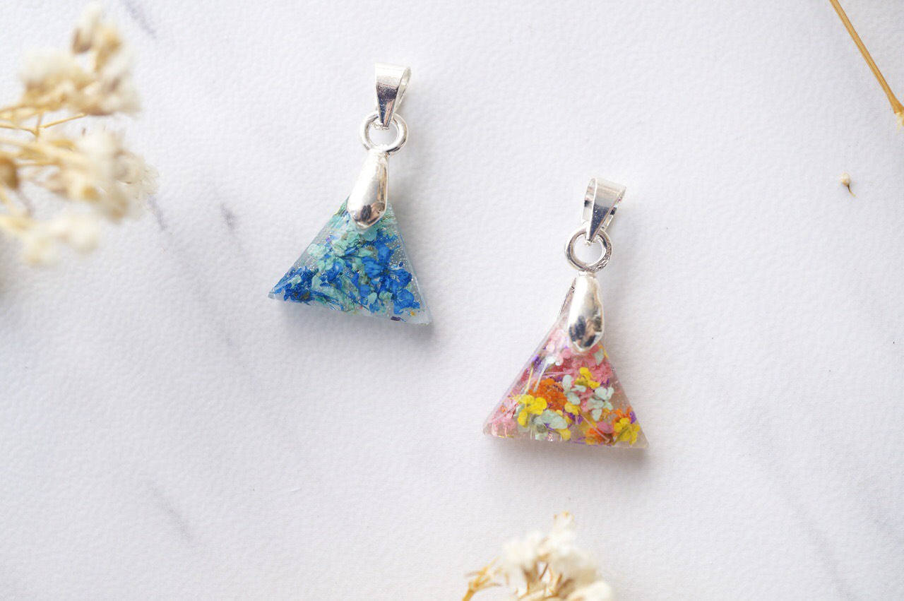 Real Dried Flowers in Triangle Resin Necklace in Blue Mint