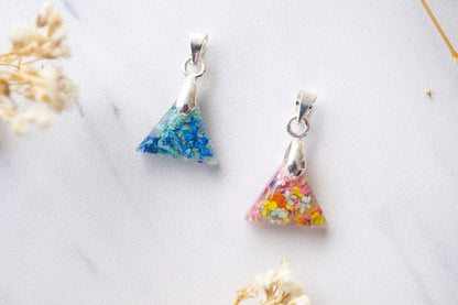 Real Dried Flowers in Triangle Resin Necklace in Blue Mint