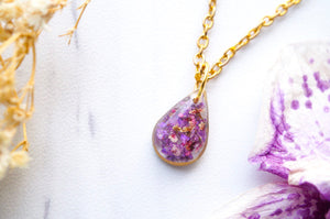 Real Dried Flowers and Resin Necklace, Small Gold Teardrop in Purples