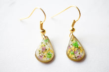 Real Dried Flowers and Resin Earrings, Gold Teardrops in Purple Yellow White Green