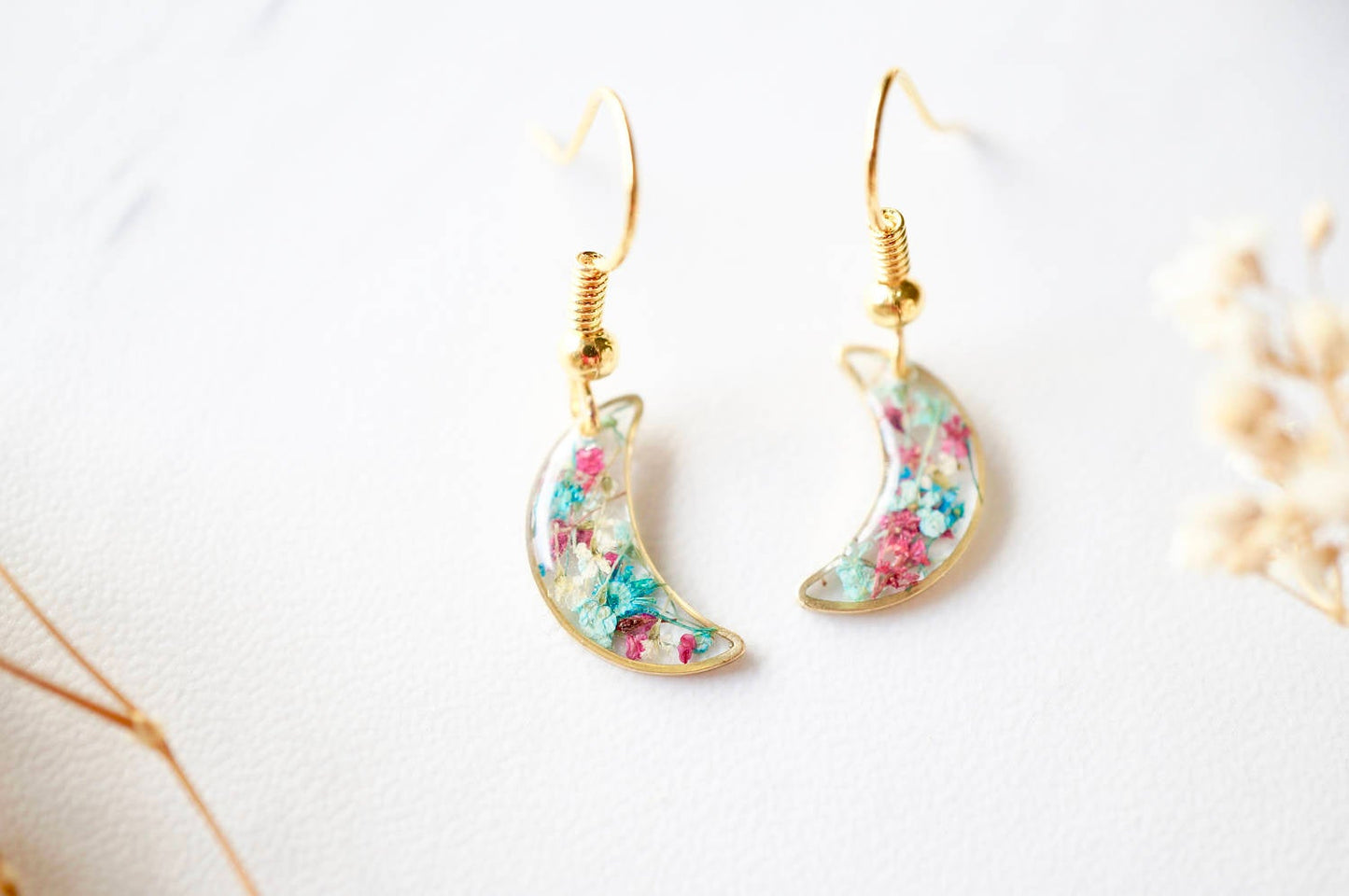 Real Pressed Flowers and Resin Earrings, Gold Celestial Moons in Maroon Mint Teal White