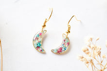 Real Pressed Flowers and Resin Earrings, Gold Celestial Moons in Maroon Mint Teal White