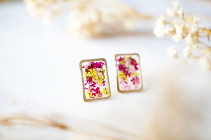 Real Dried Flowers and Resin Stud Earrings, Gold Rectangle in Maroon Pink Yellow