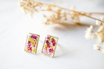 Real Dried Flowers and Resin Stud Earrings, Gold Rectangle in Maroon Pink Yellow