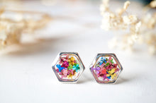 Real Dried Flowers and Resin Stud Earrings, Silver Hexagon in Party Mix