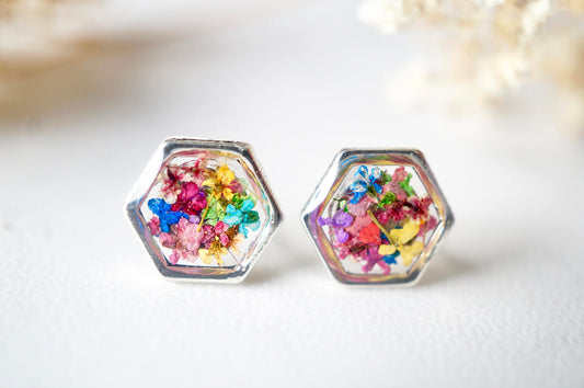 Real Dried Flowers and Resin Stud Earrings, Silver Hexagon in Party Mix