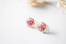 Real Dried Flowers and Resin Stud Earrings, Gold Hexagon in Neon Mix