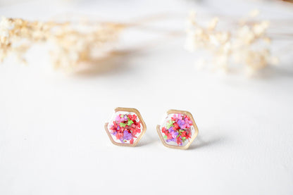 Real Dried Flowers and Resin Stud Earrings, Gold Hexagon in Neon Mix