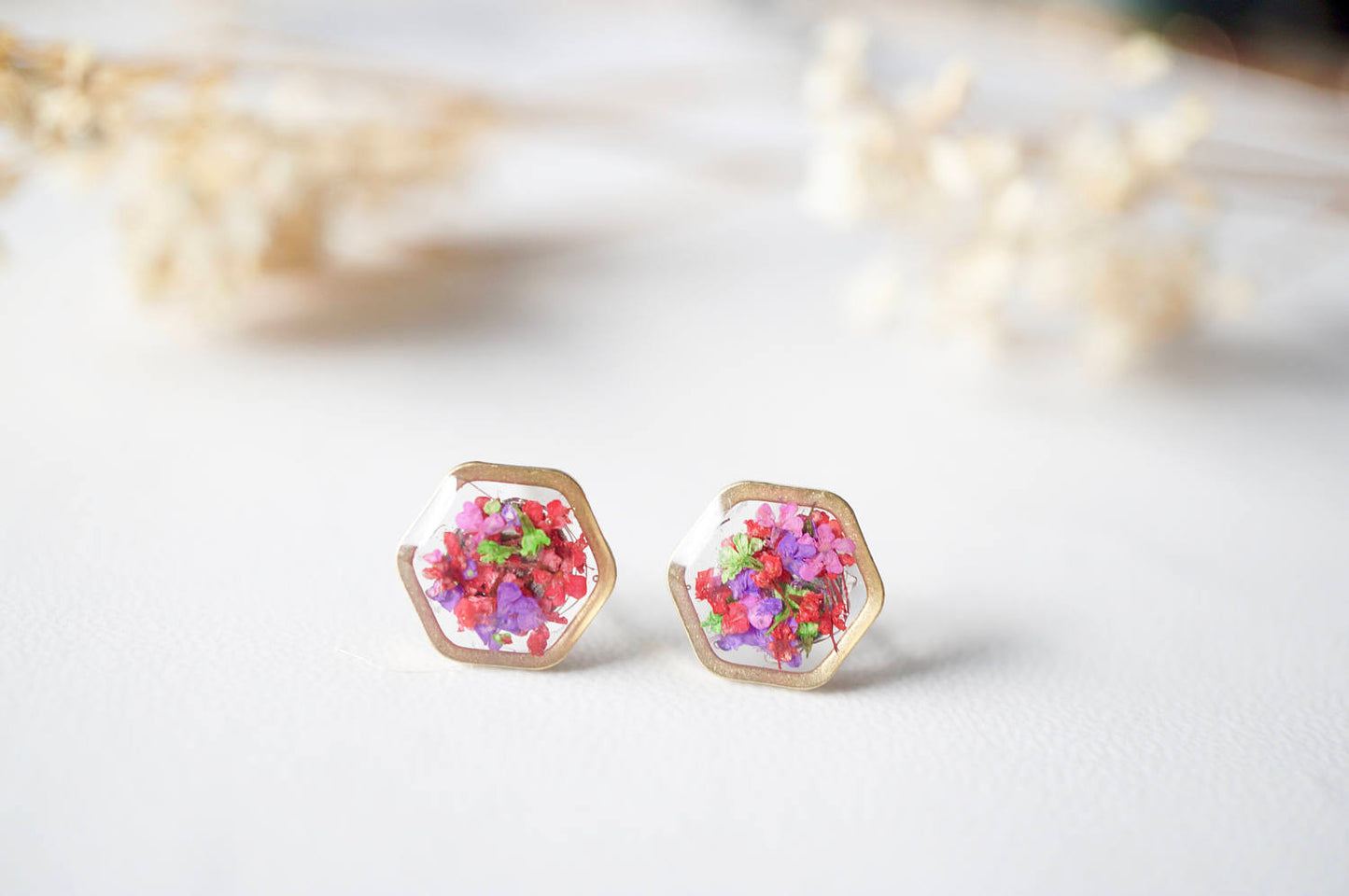 Real Dried Flowers and Resin Stud Earrings, Gold Hexagon in Neon Mix