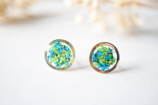 Real Dried Flowers and Resin Stud Earrings, Rose Gold Circle in Green and Blue