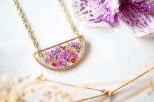 Real Pressed Flowers in Resin Necklace, Half Circle in Purple Red Pink Green